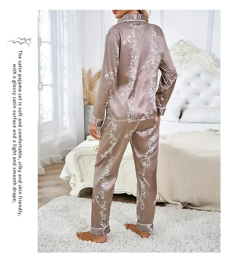 Women Satin Pajama Casual Sleepwear Home Clothes Suit Autumn Long Sleeve Button Up Top & Pants Nightwear Loungewear Pyjama Femme