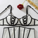 Women's Black White Contrast Strappy Lingerie Set 4PCS Underwire Bra Waist Cincher Garter Belt Thong Thigh Cuffs Sexy Intimate