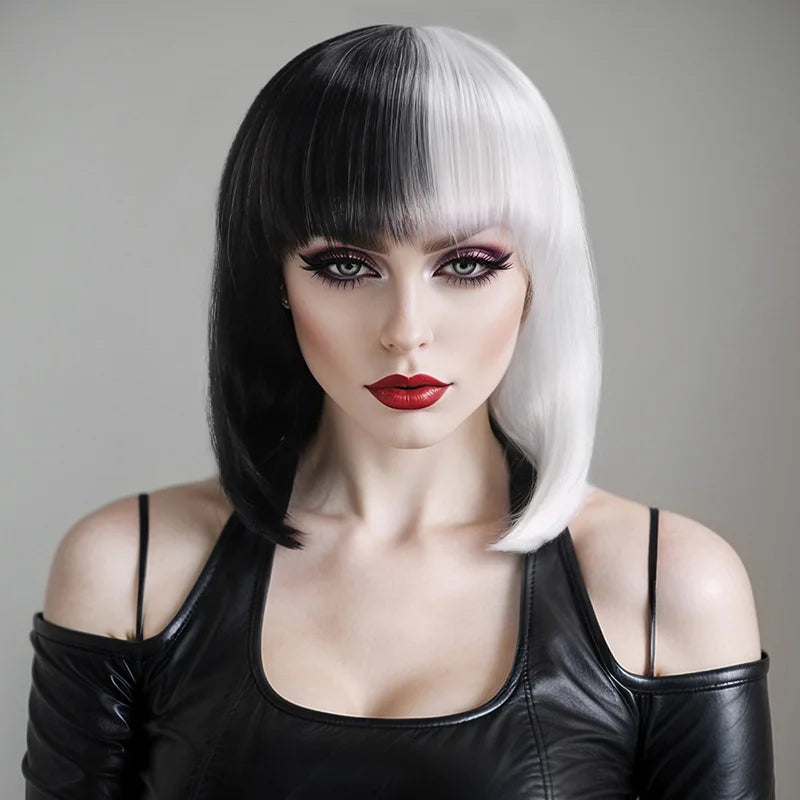 Cosplay Halloween Party Wigs CRUELLA Deville De Vil Black White With Bangs Short Bob Hair for Women Heat-Resistant Synthetic Wig