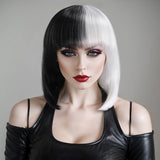 Cosplay Halloween Party Wigs CRUELLA Deville De Vil Black White With Bangs Short Bob Hair for Women Heat-Resistant Synthetic Wig