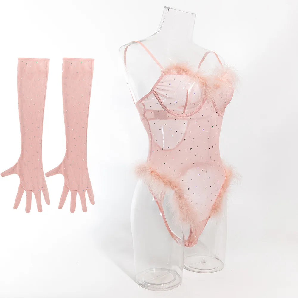 Women's Lingerie Bodysuit Rhinestone Mesh Feather Trim Sheer Teddy With Gloves Set  Sleepwear Nightwear Party Clubwear Outfit