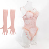 Women's Lingerie Bodysuit Rhinestone Mesh Feather Trim Sheer Teddy With Gloves Set  Sleepwear Nightwear Party Clubwear Outfit
