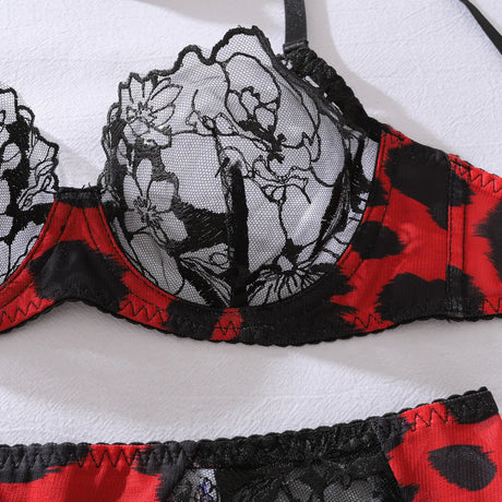 Diccvicc Sensual Lingerie Woman See Through Sexy Lace Bra Garter Belt Leopard Underwear with Stocking Glove Exotic Intimate Wear