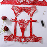 Heavy industry embroidery sequin red slim fit perspective high-end splicing gemstone decoration sexy lingerie four piece set