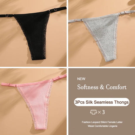 3Pcs/Set Cotton G-String Sexy Women Thong Adjustable Belt Seamless Panties Breathable Low Waist Lingerie Female Soft Solid Color