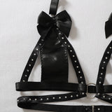Women's Faux Leather Harness Underwear Lingerie Set Bow Decor Rhinestone Trim Halter Bra Garter Belt Panty 3‑Pcs Intimate Outfit