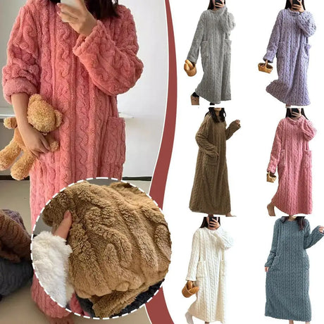 Winter Long Sleeve Double Pocket Flannel Nightgowns Women Loose Solid Sleepwear Jacquard Night Dress Thickened Warm Nightdress