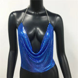 Sexy Metal Sequins Tank Top For Women 2025 Summer V Neck Backless Crop Tops Luxury Solid Short Party Nightclub Tank Tops