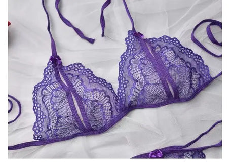 New Style Erotic Three-point Lingerie Set Women's Lace Hollowed Out Non Adjustable Underwear Sexy Crotchless Low Waist G-string
