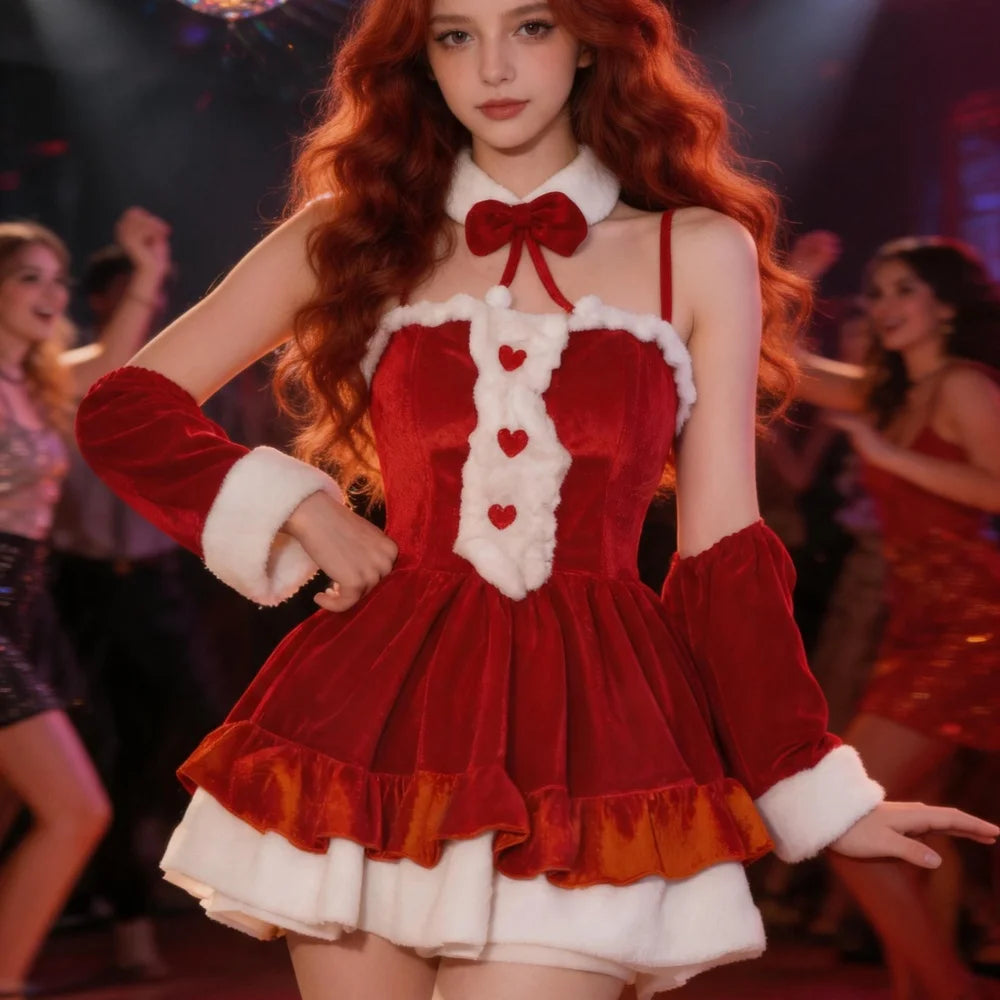 Women's Christmas Santa Mini Dress Red Ruffle Hem White Fluffy Trim Heart Detail Festive Holiday Party Costume