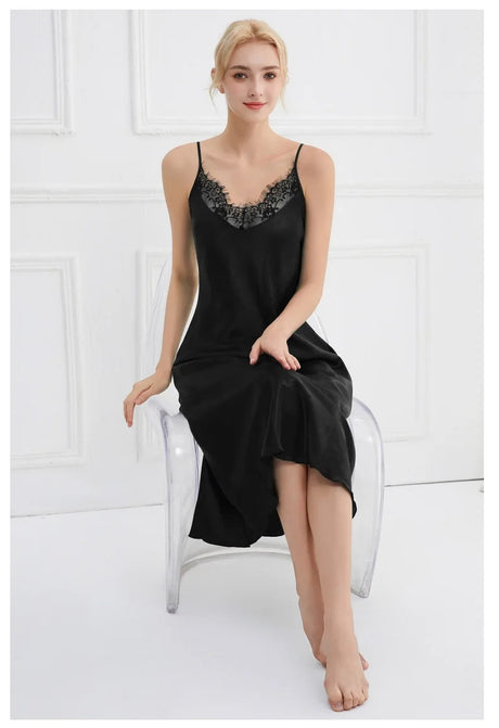 Sexy Women Long Nightgown Intimate Lingerie Patchwork Lace Suspender Nightdress Chemise Sleepwear Loungewear Silk Satin Homewear