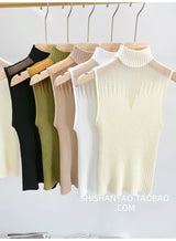 Mesh Knitted Top Women Y2K Tank Top Half Neck Vest Female Sleeveless Sweater Chic Cut Out Streetwear Solid Skinny Tube Top