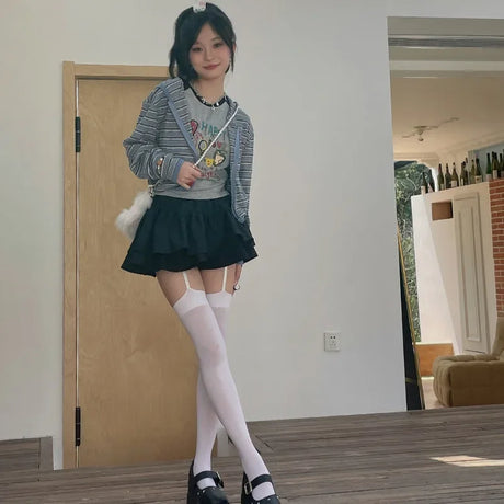 Women Suspender Wide-banded Velvet Tights Lolita Thin Thigh High Stockings with Garters Y2K JK College Style Over The Knee Socks