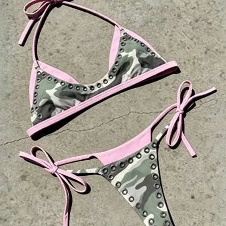 Y2K Cartoon Monster Bikini Halter Triangle Cup Tie Side Two Piece Beach Swimsuit