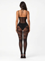 Sexy Lace Up Women Patterned Black Jumpsuit Sheer Suspender Bodystocking Geometric Cutout Slim Fit Lingerie