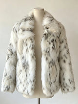 LIMO Women White Grey Spotted Faux Fur Notch  Open Front Long Sleeve Cropped Fluffy Warm Winter Loose Fashion Daily Coat