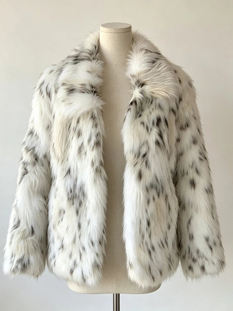 LIMO Women White Grey Spotted Faux Fur Notch  Open Front Long Sleeve Cropped Fluffy Warm Winter Loose Fashion Daily Coat