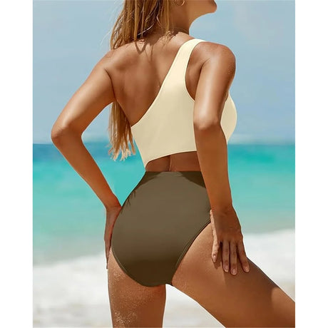 Vzvn 2026 New Women Swimwear Female Padded Bather Bathing Suit Swim Colors Cut Out One Shoulder Splicing One Piece Swimsuit