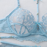 Light Blue Lace Lingerie Sets Women Fashion Halter Neck Harness Garter Belt 4Piece Set Sheer Floral Lace Underwire Bra Underwear