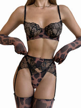 Leopard Print Sexy Lace Bra And Garter Belt Set with Stocking Gloves See through Sensual Lingerie for Women Exotic Intimate Wear