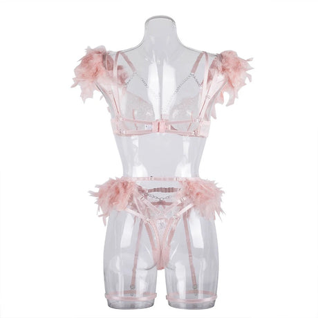 3-Piece Feather Decorated Lace Exotic Sets Women Sexy Patchwork Lingerie Set Chain Bra Panty Garter Underwear Kit For Female