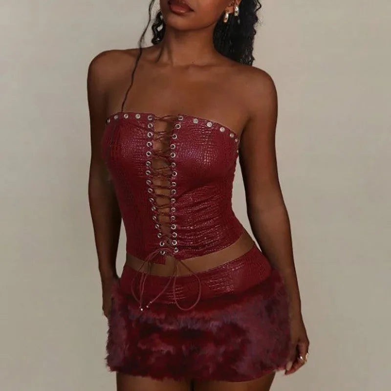 Elegant Sleeveless Slim Mini Skirt Outfits Sexy Strapless Bandage Lace-Up Vest & Skirt Set Women Fashion Fur Splicing Solid Suit