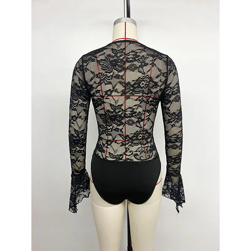 Benuynffy Black V-neck Long Sleeve Bodysuit Women's Sexy See Through Lace Bodys for Women Slim Fit One Pieces Tight Body Top