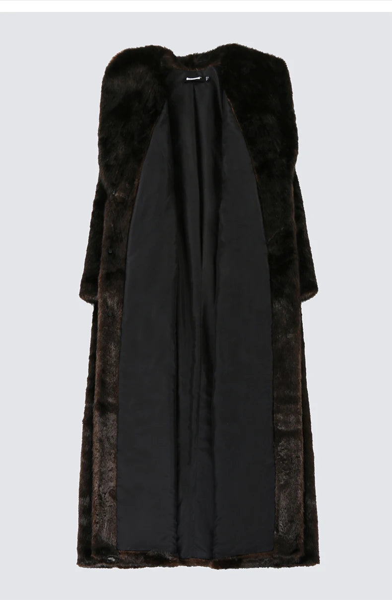 Nerazzurri Autumn Winter Extra Long Thick Warm Brown Fluffy Faux Mink Fur Coat Women Luxury Elegant Chic Furry Overcoat 2024
