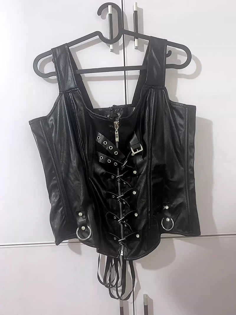 Faux Leather Harness Court Shaper Overbust Corselet Women Sexy Buckled Bustier Waist Trainer Vest Corset Overbust