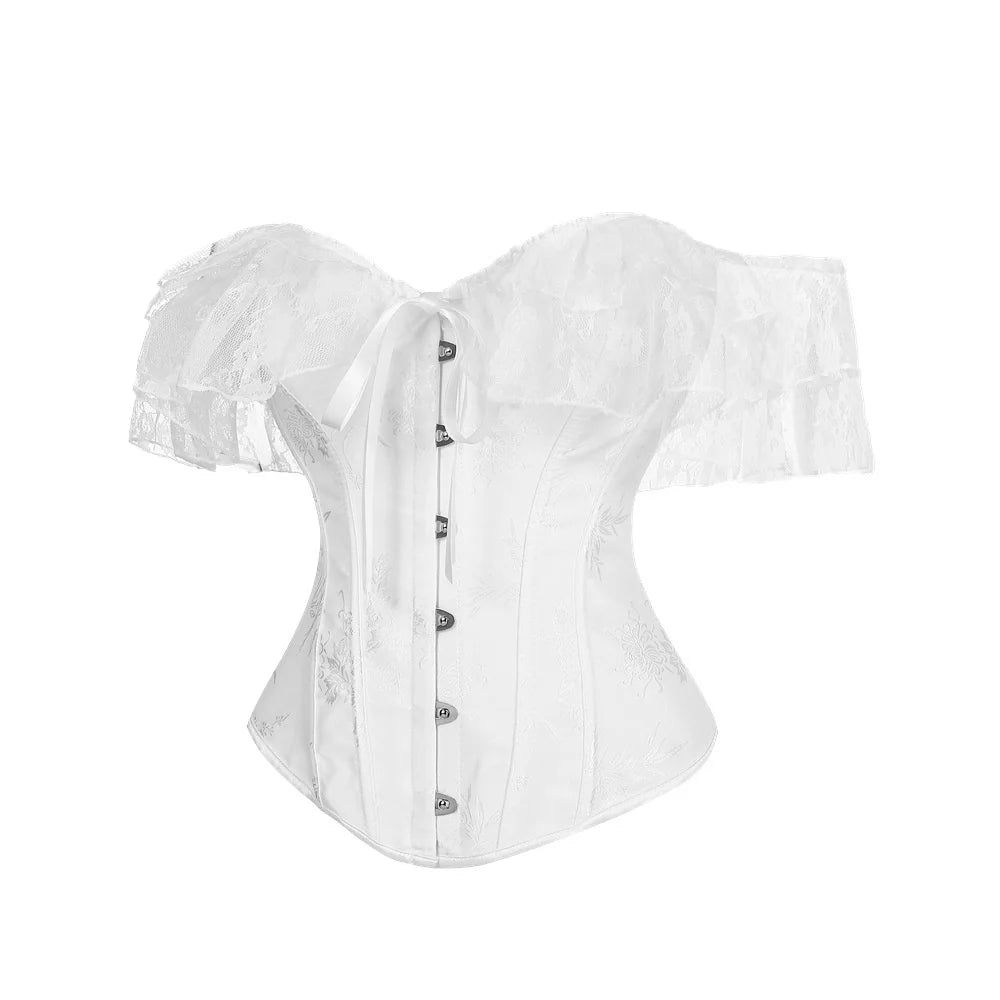 Women Sky Blue Retro Jacquard Corset Tops Lace Short Sleeved One Shoulder Sexy Slimming Shaper Overbust Bustiers Lingerie