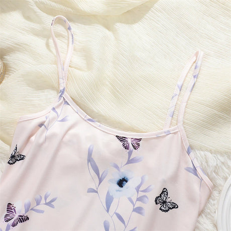 New Women's Silk Satin Print Nightwear Home Clothes Sexy Sleeveless Ruffled Hem Sleep Dress Female Comfortable Nightgown Clothes