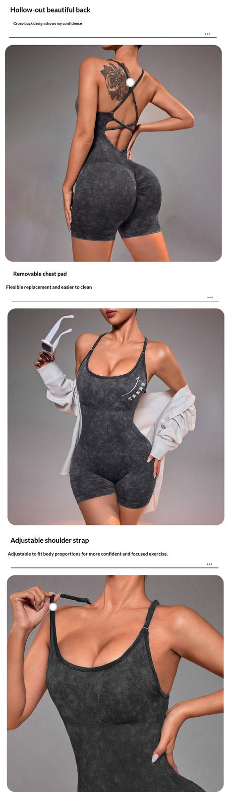 Distressed Washed Yoga Bodysuit for Women - Seamless No Panty Line Strappy Dance Leotard, Vintage Soft Workout Unitard for Gym