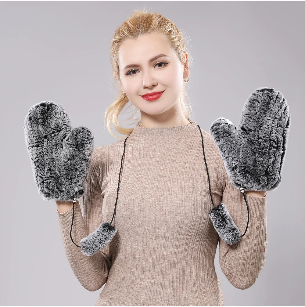 Hot Sale Women's 100% Natural Rabbit Fur Winter Gloves Warm Knit Thick Thermal Mittens Soft Real Fur Outdoor Cold Weather Glove