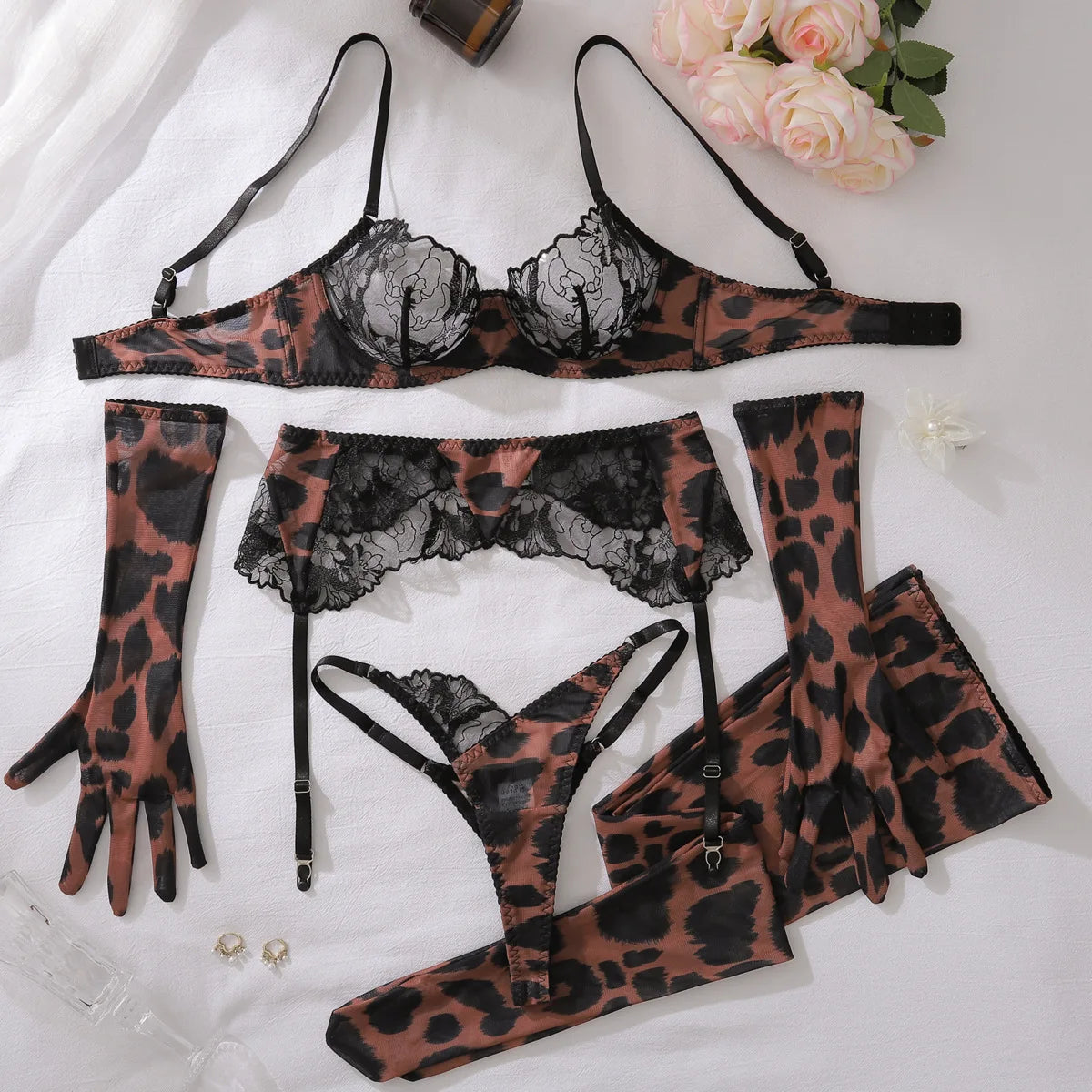 Diccvicc Sensual Lingerie Woman See Through Sexy Lace Bra Garter Belt Leopard Underwear with Stocking Glove Exotic Intimate Wear