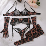 Diccvicc Sensual Lingerie Woman See Through Sexy Lace Bra Garter Belt Leopard Underwear with Stocking Glove Exotic Intimate Wear