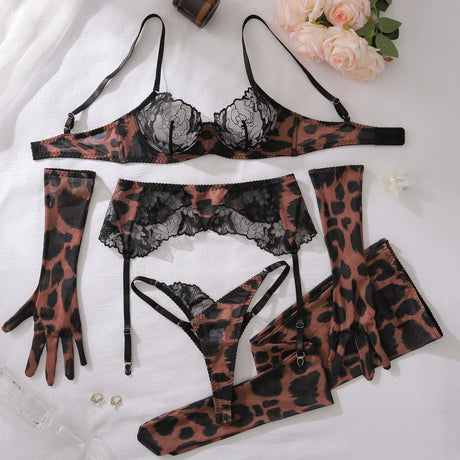 Diccvicc Sensual Lingerie Woman See Through Sexy Lace Bra Garter Belt Leopard Underwear with Stocking Glove Exotic Intimate Wear