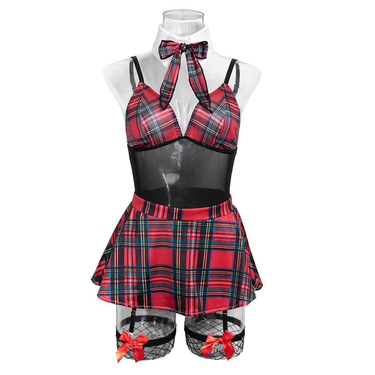 Toucheart Halloween Maid Costume Cosplay Red Plaid Uniform with Net Sock Slim Skirt Interesting Seductive Romantic Underwear Set