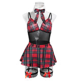 Toucheart Halloween Maid Costume Cosplay Red Plaid Uniform with Net Sock Slim Skirt Interesting Seductive Romantic Underwear Set