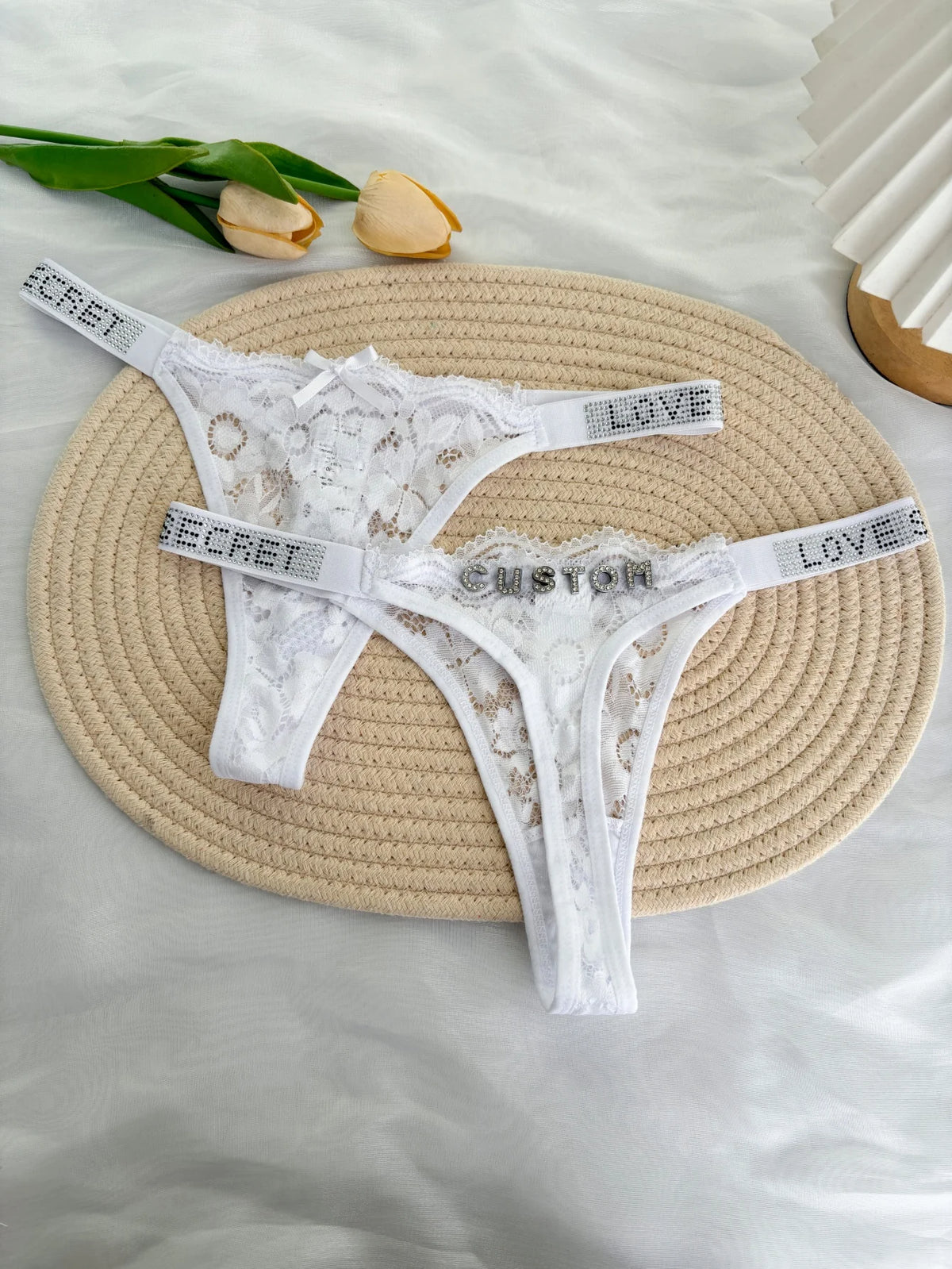 Custom Rhinestone Letter Name Thong Sexy Lace Panties Low-Rise Crystal Letter G-string Personalized Gift Wife Lover Anniversary