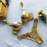Shiny PU Faux Leather Bikini Push Up Swimsuit Women Swimwear Female Two-pieces Bikini set Bra Cup Bather Bathing Suit Swim