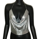 Sexy Metal Sequins Tank Top For Women 2025 Summer V Neck Backless Crop Tops Luxury Solid Short Party Nightclub Tank Tops