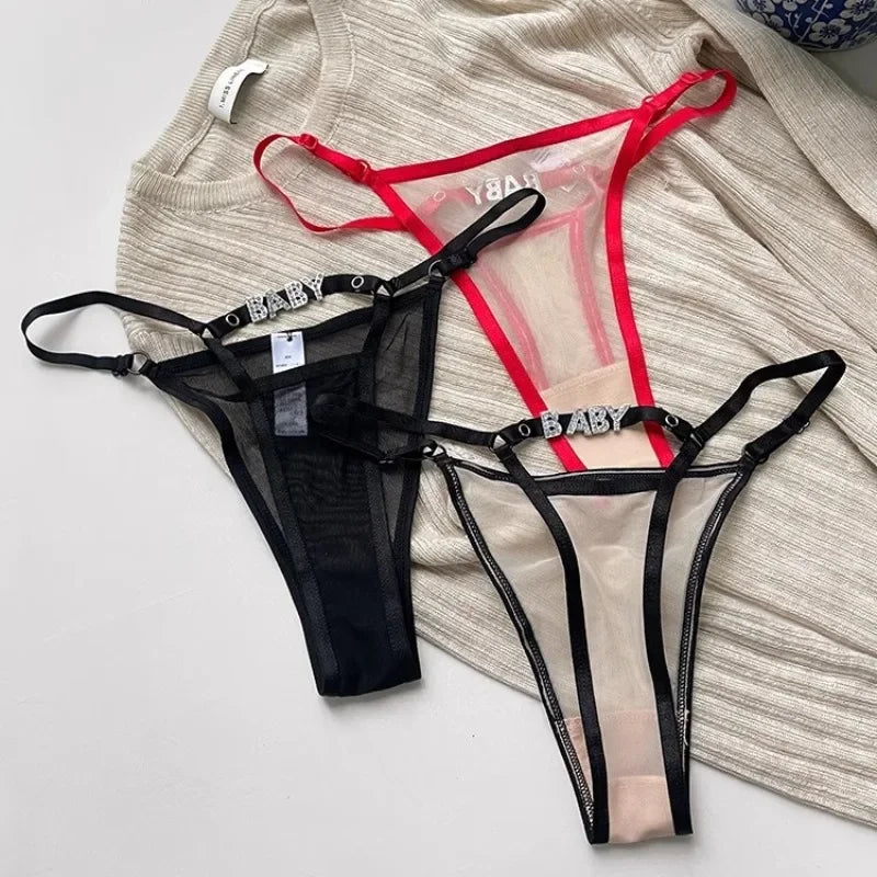 Baby Rhinestone Letter Sexy Thongs Women's Mesh Breathable Thin Perspective Underwear Low Waist Hollow Out Erotic Briefs String
