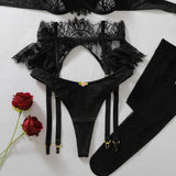 Diccvicc Coquette Slate Blue Lingerie Set 4 Piece Eyelash Lace Satin Bra Peplum Ruffle Garter with Rosebud Thong Women Nightwear