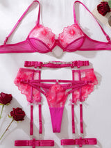 Premium Rhinestone Chain Embroidered Lingerie Set for Women 3PC Sexy Shiny Cougar Design with Leg Rings Attractive Underwear