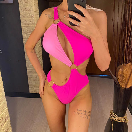 Sexy Pink Asymmetric Splicing One Shoulder Women Swimwear One Piece Swimsuit Female Monokini Cut Out Bathing Suit Bather V4674
