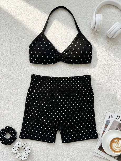 Polka Dot Yoga Set Halter Sports Bra High Waist Booty Shorts Push Up Gym Outfit for Running Fitness