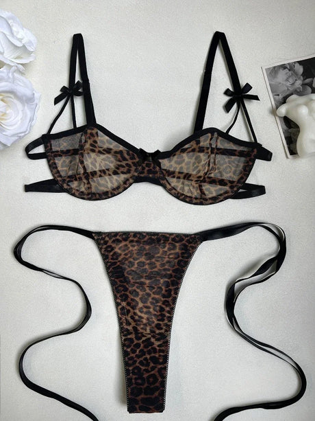 Two Piece Sexy Leopard Women's Lingerie Sets French Ultra Thin See Through Underwire Bra and Panty Erotic Lace Up Bow Underwear