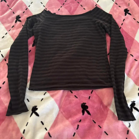 Womens Fall Basic Crop Tops Long Sleeve Off Shoulder Striped Print Slim Fit T-shirts