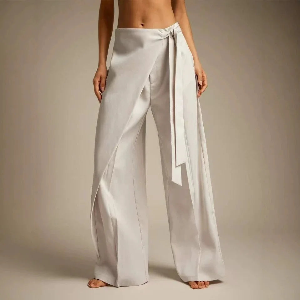 Women High Waist Wide Leg Pants Loose Wrap Tie Knot Asymmetric Pleated Trousers Beach Casual Bottoms