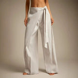 Women High Waist Wide Leg Pants Loose Wrap Tie Knot Asymmetric Pleated Trousers Beach Casual Bottoms